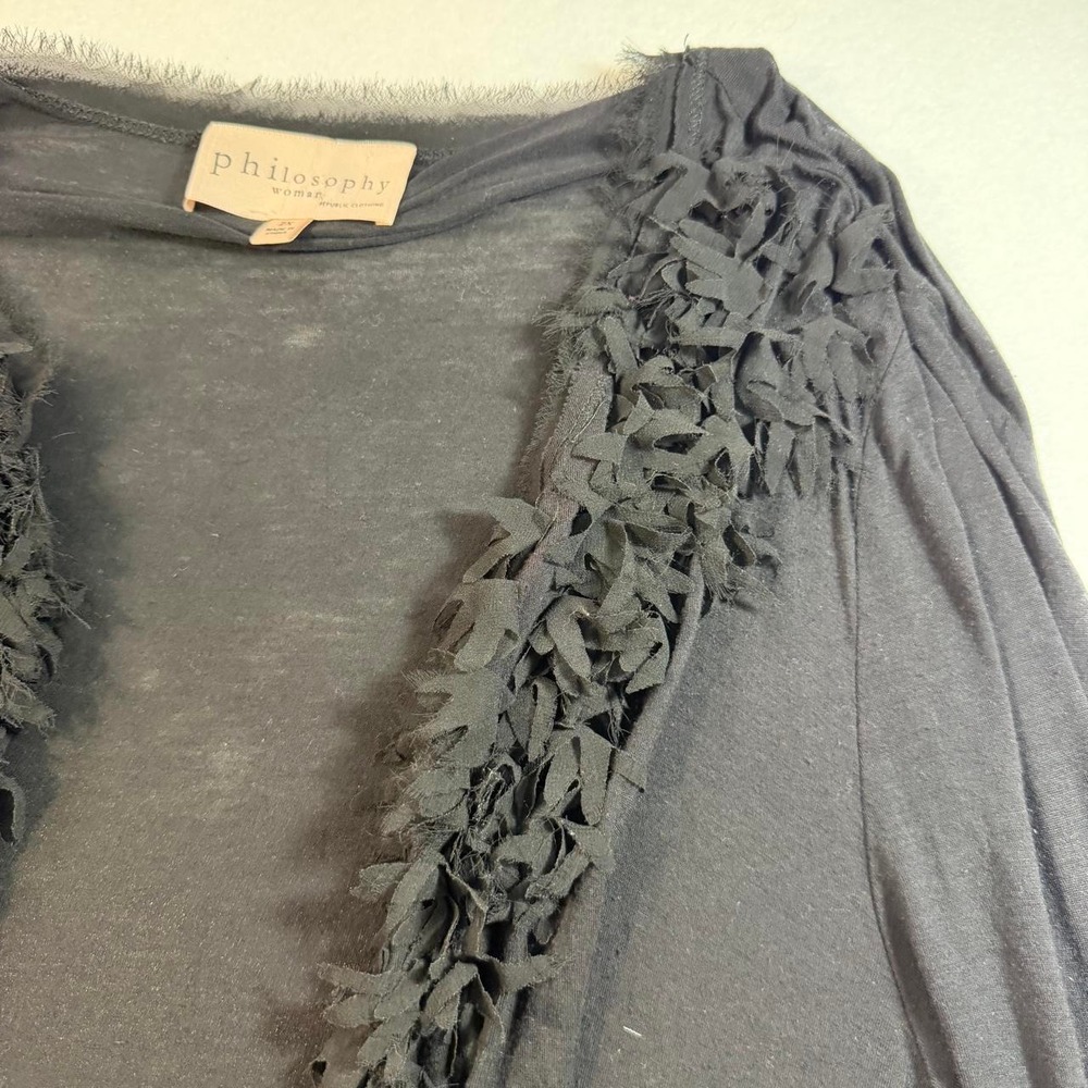 Philosophy Woman Black Ruffle Fringe Cardigan 2X Boho Whimsigoth Ruched Sleeve - Picture 4 of 6